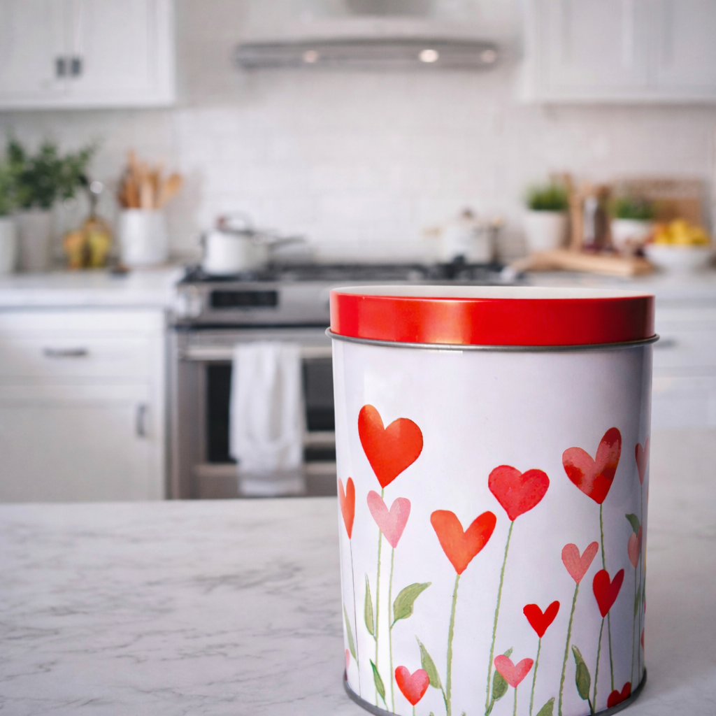 Red and white tin with hearts