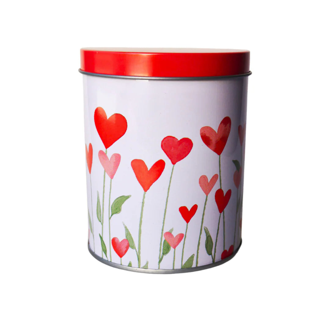 Red and white tin with hearts